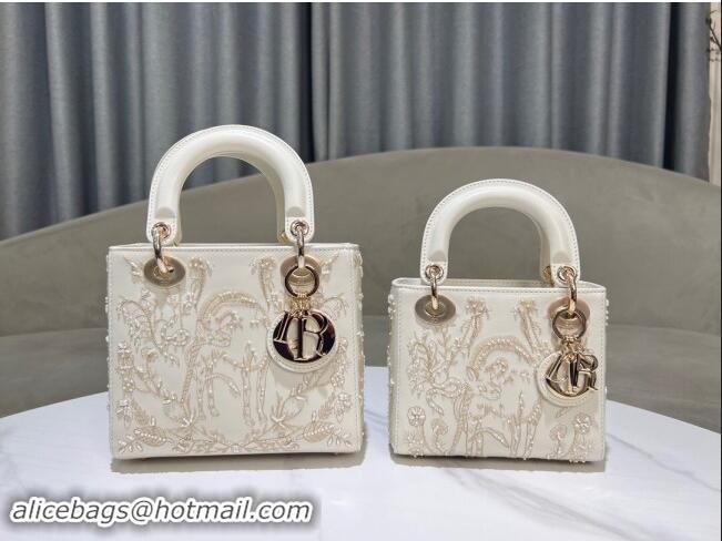 Well Crafted Dior Small Lady Dior Bag in Latte Lambskin with Millefiori Unicorn Embroidery M0538 White 2024