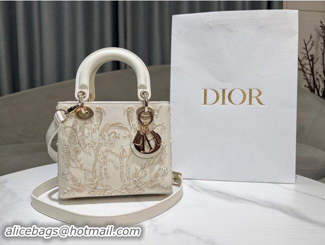 Well Crafted Dior Small Lady Dior Bag in Latte Lambskin with Millefiori Unicorn Embroidery M0538 White 2024