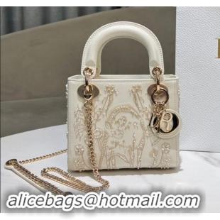 Best Price Dior Mini Lady Dior Bag in Latte Lambskin with Millefiori Unicorn Embroidery M0505 White 2024