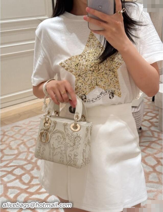 Best Price Dior Mini Lady Dior Bag in Latte Lambskin with Millefiori Unicorn Embroidery M0505 White 2024