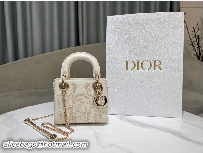 Best Price Dior Mini Lady Dior Bag in Latte Lambskin with Millefiori Unicorn Embroidery M0505 White 2024