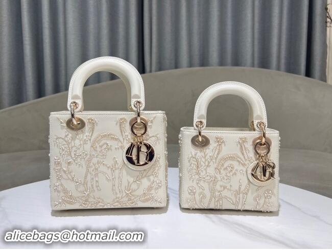 Best Price Dior Mini Lady Dior Bag in Latte Lambskin with Millefiori Unicorn Embroidery M0505 White 2024