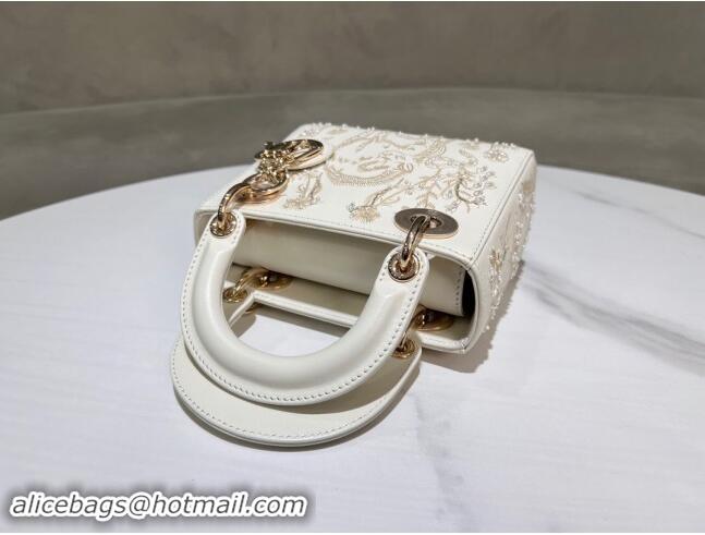 Best Price Dior Mini Lady Dior Bag in Latte Lambskin with Millefiori Unicorn Embroidery M0505 White 2024