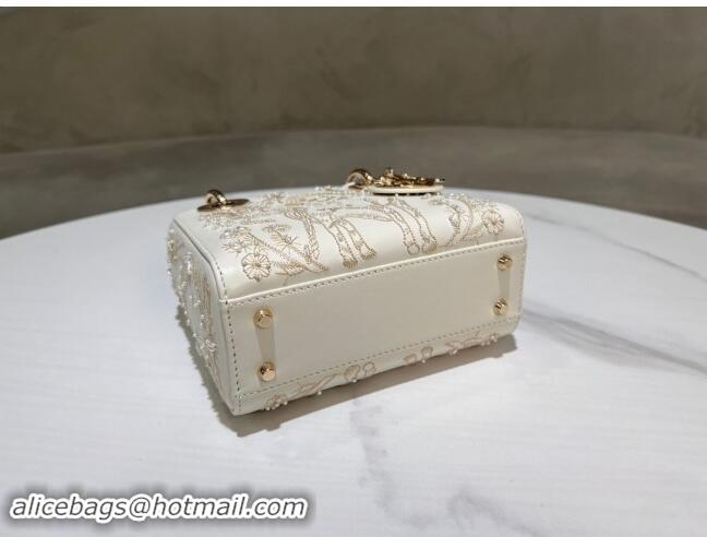 Best Price Dior Mini Lady Dior Bag in Latte Lambskin with Millefiori Unicorn Embroidery M0505 White 2024