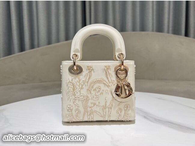 Best Price Dior Mini Lady Dior Bag in Latte Lambskin with Millefiori Unicorn Embroidery M0505 White 2024