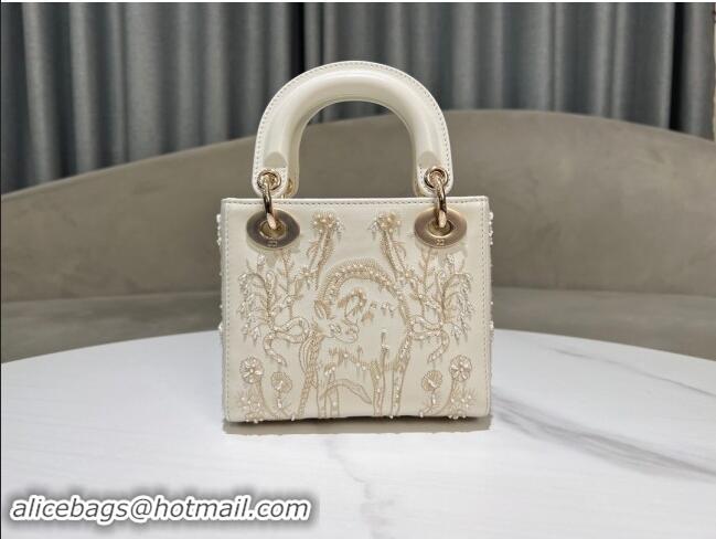 Best Price Dior Mini Lady Dior Bag in Latte Lambskin with Millefiori Unicorn Embroidery M0505 White 2024