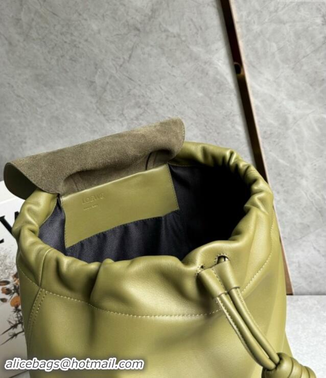 Shop Fashion Loewe Flamenco Backpack in Shiny Supple Calfskin D2416 Olive 2024 Top Quality