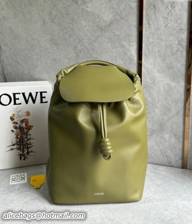 Shop Fashion Loewe Flamenco Backpack in Shiny Supple Calfskin D2416 Olive 2024 Top Quality