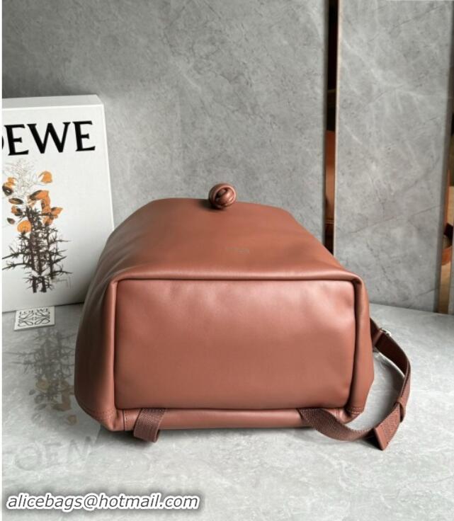 Free Shipping Loewe Flamenco Backpack in Shiny Supple Calfskin D2416 Brownie 2024 Top Quality