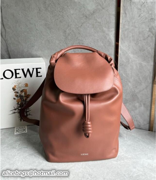 Free Shipping Loewe Flamenco Backpack in Shiny Supple Calfskin D2416 Brownie 2024 Top Quality