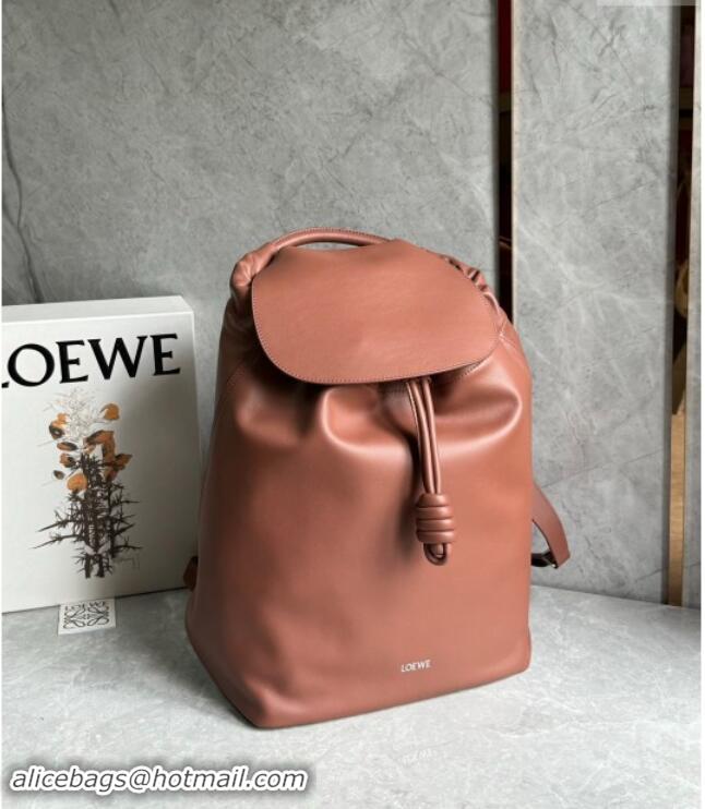 Free Shipping Loewe Flamenco Backpack in Shiny Supple Calfskin D2416 Brownie 2024 Top Quality