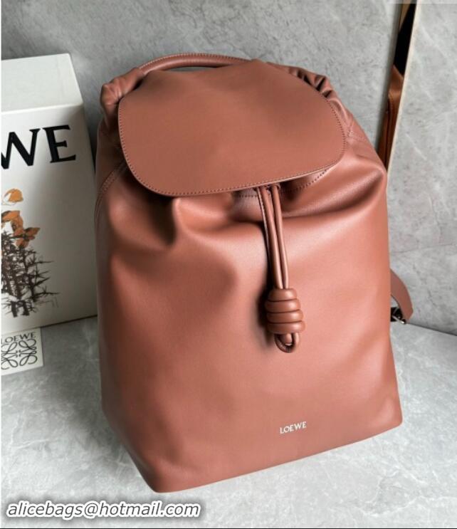 Free Shipping Loewe Flamenco Backpack in Shiny Supple Calfskin D2416 Brownie 2024 Top Quality