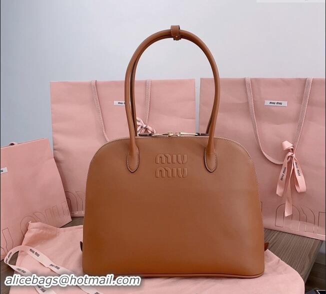 Famous Brand Miu Miu Leather top handle bag 5BA289 Cognac Brown 2024