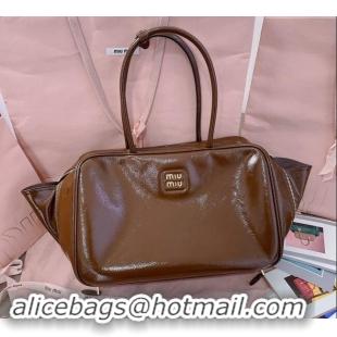 New Fashion Miu Miu Beau naplak patent leather top handle bag 5BB117 Palisander Brown 2024