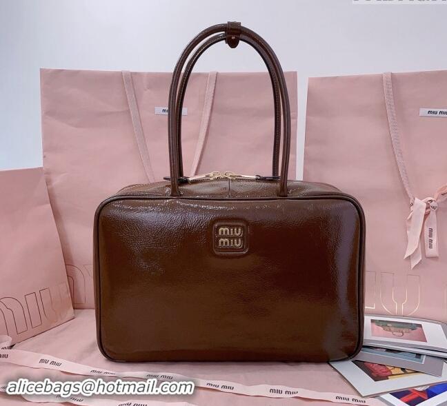 New Fashion Miu Miu Beau naplak patent leather top handle bag 5BB117 Palisander Brown 2024