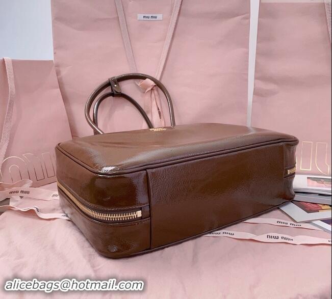 New Fashion Miu Miu Beau naplak patent leather top handle bag 5BB117 Palisander Brown 2024