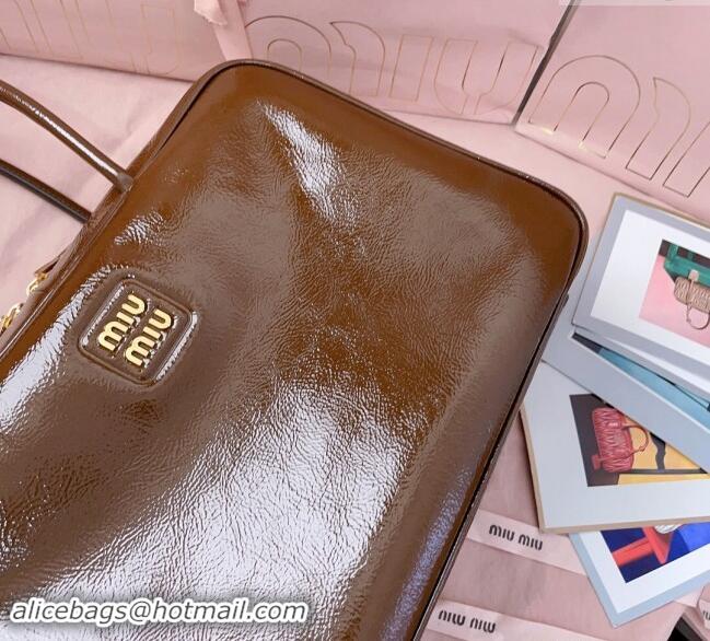 New Fashion Miu Miu Beau naplak patent leather top handle bag 5BB117 Palisander Brown 2024