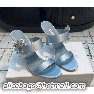 Hot Style Manolo Blahnik Satin Slides Sandal 9cm with Strass Buckle Light Blue 1225005