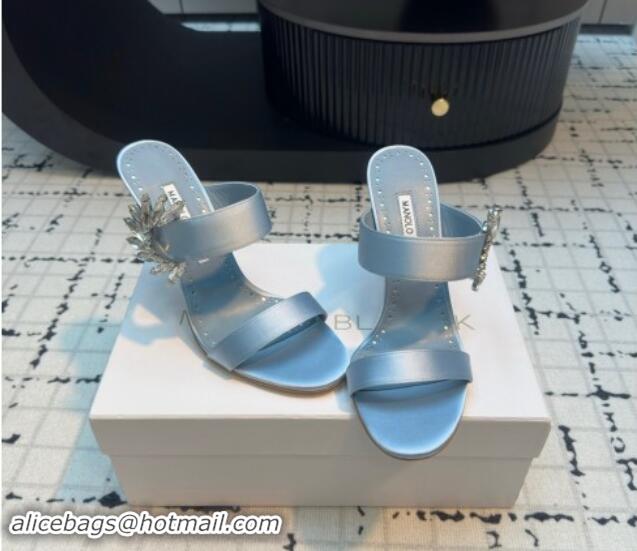 Hot Style Manolo Blahnik Satin Slides Sandal 9cm with Strass Buckle Light Blue 1225005