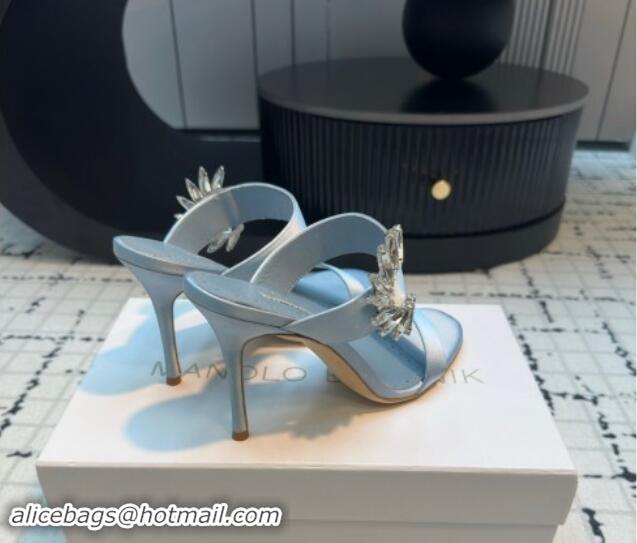 Hot Style Manolo Blahnik Satin Slides Sandal 9cm with Strass Buckle Light Blue 1225005