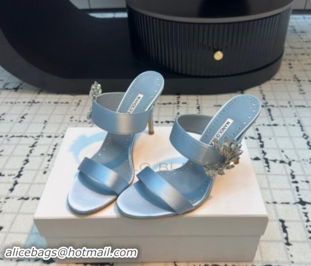 Hot Style Manolo Blahnik Satin Slides Sandal 9cm with Strass Buckle Light Blue 1225005