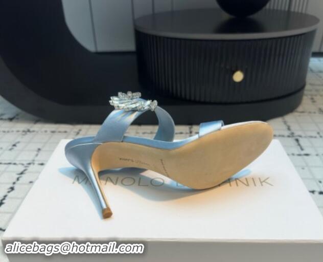 Hot Style Manolo Blahnik Satin Slides Sandal 9cm with Strass Buckle Light Blue 1225005