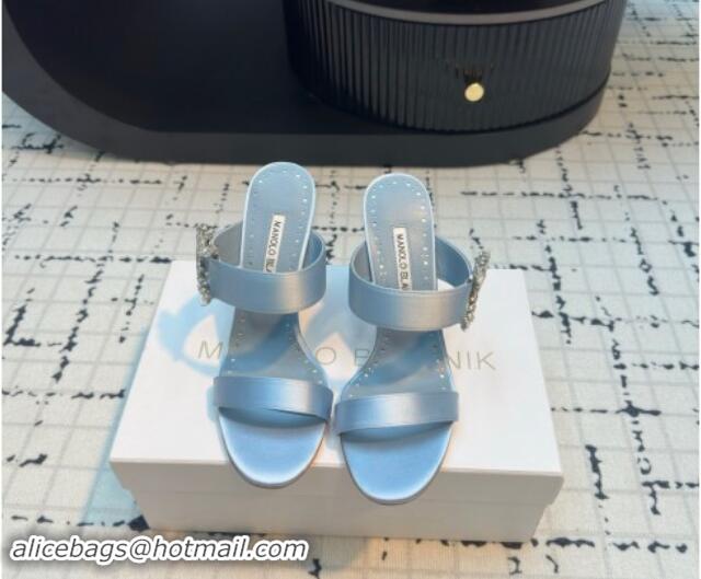 Hot Style Manolo Blahnik Satin Slides Sandal 9cm with Strass Buckle Light Blue 1225005