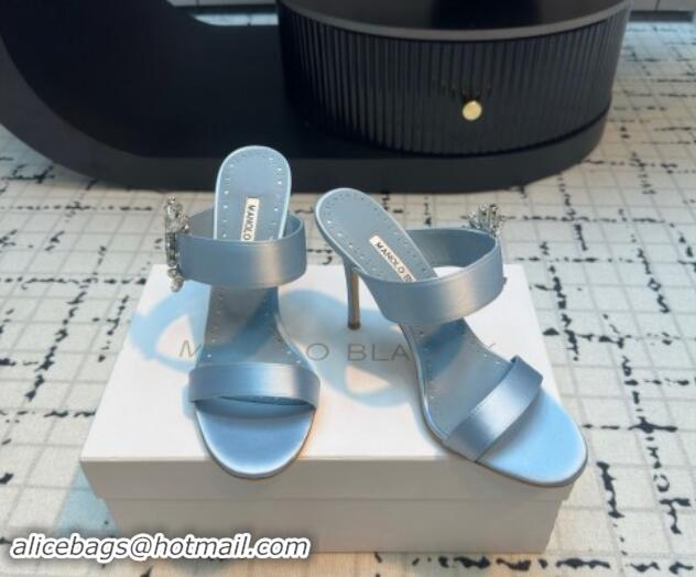 Hot Style Manolo Blahnik Satin Slides Sandal 9cm with Strass Buckle Light Blue 1225005