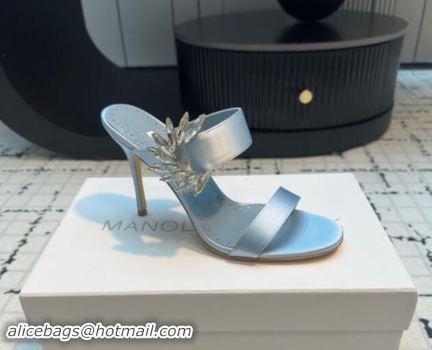 Hot Style Manolo Blahnik Satin Slides Sandal 9cm with Strass Buckle Light Blue 1225005