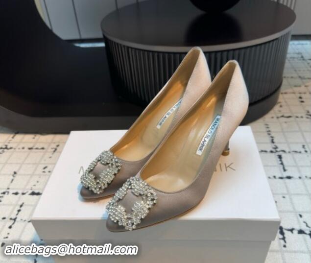 Low Price Manolo Blahnik Hangisi Satin Pumps 7cm with Strass Buckle Dark Grey 1225006