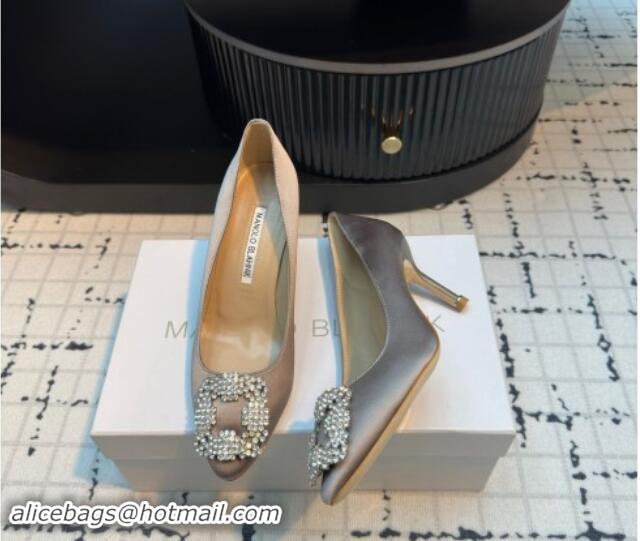 Low Price Manolo Blahnik Hangisi Satin Pumps 7cm with Strass Buckle Dark Grey 1225006