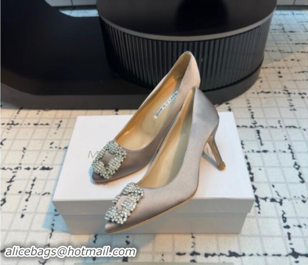 Low Price Manolo Blahnik Hangisi Satin Pumps 7cm with Strass Buckle Dark Grey 1225006