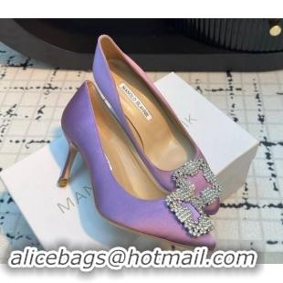 Classic Hot Manolo Blahnik Hangisi Satin Pumps 7cm with Strass Buckle Light Purple 1225008