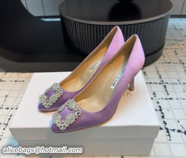 Classic Hot Manolo Blahnik Hangisi Satin Pumps 7cm with Strass Buckle Light Purple 1225008