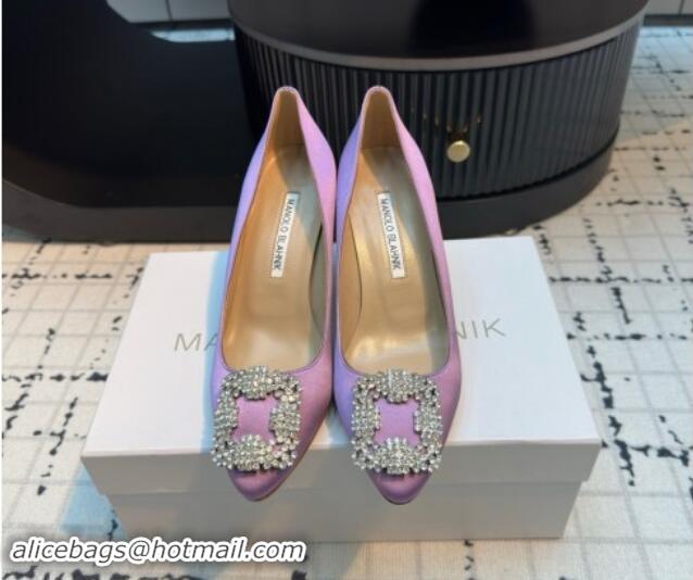 Classic Hot Manolo Blahnik Hangisi Satin Pumps 7cm with Strass Buckle Light Purple 1225008