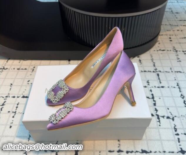 Classic Hot Manolo Blahnik Hangisi Satin Pumps 7cm with Strass Buckle Light Purple 1225008