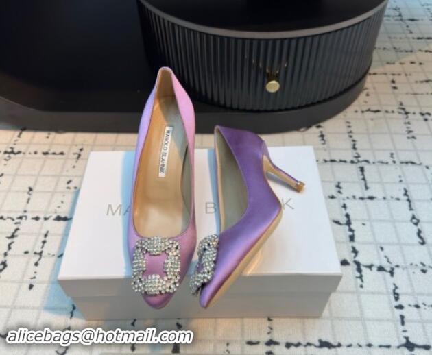 Classic Hot Manolo Blahnik Hangisi Satin Pumps 7cm with Strass Buckle Light Purple 1225008