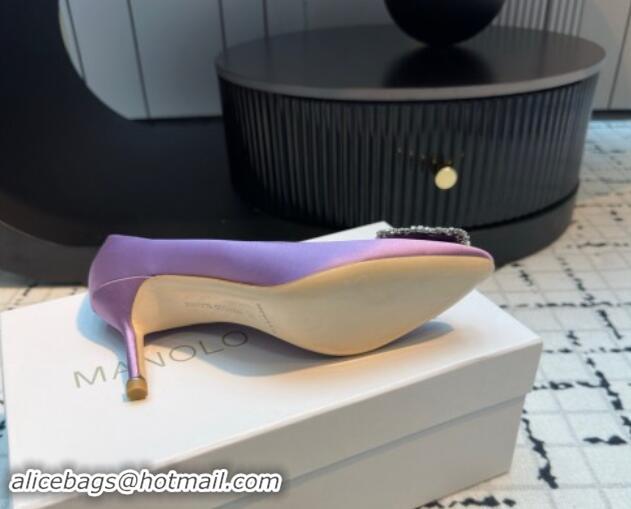 Classic Hot Manolo Blahnik Hangisi Satin Pumps 7cm with Strass Buckle Light Purple 1225008