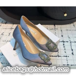 Stylish Manolo Blahnik Hangisi Satin Pumps 7cm with Strass Buckle Dusty Blue 1225009