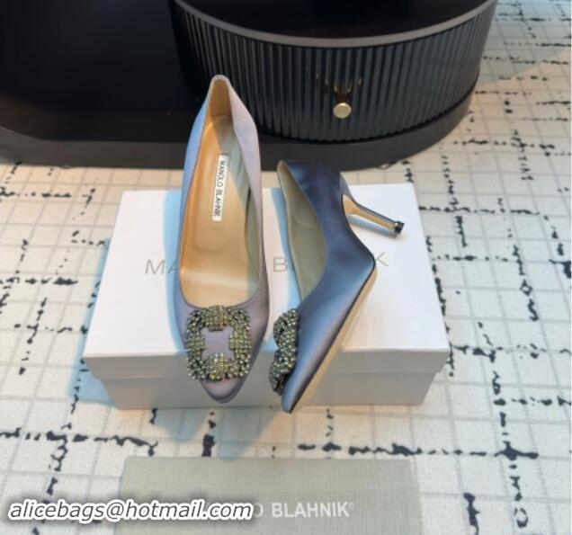 Stylish Manolo Blahnik Hangisi Satin Pumps 7cm with Strass Buckle Dusty Blue 1225009