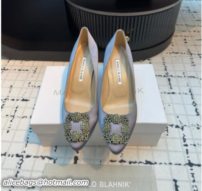 Stylish Manolo Blahnik Hangisi Satin Pumps 7cm with Strass Buckle Dusty Blue 1225009