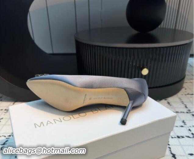 Stylish Manolo Blahnik Hangisi Satin Pumps 7cm with Strass Buckle Dusty Blue 1225009