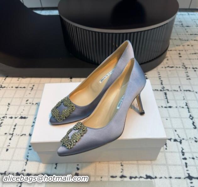 Stylish Manolo Blahnik Hangisi Satin Pumps 7cm with Strass Buckle Dusty Blue 1225009