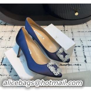 Sumptuous Manolo Blahnik Hangisi Satin Pumps 7cm with Strass Buckle Royal Blue 1225010