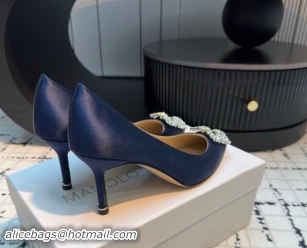 Sumptuous Manolo Blahnik Hangisi Satin Pumps 7cm with Strass Buckle Royal Blue 1225010