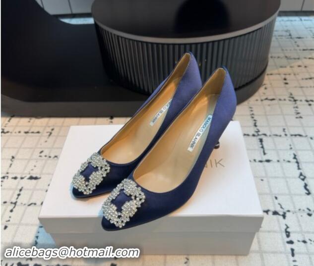 Sumptuous Manolo Blahnik Hangisi Satin Pumps 7cm with Strass Buckle Royal Blue 1225010