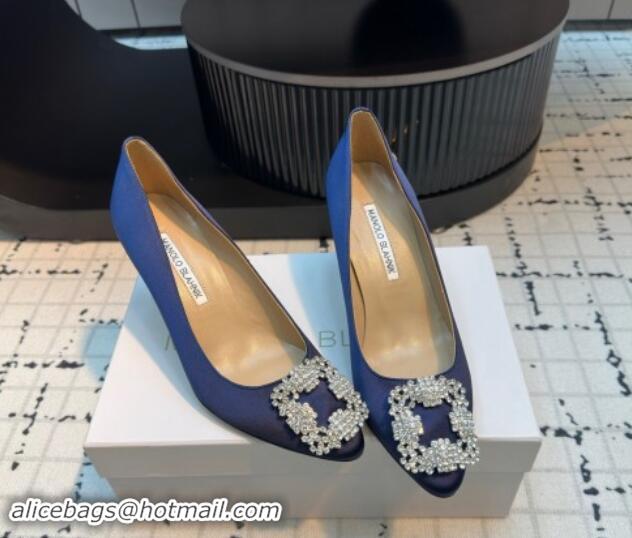 Sumptuous Manolo Blahnik Hangisi Satin Pumps 7cm with Strass Buckle Royal Blue 1225010