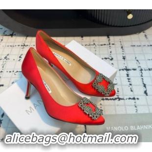 Unique Style Manolo Blahnik Hangisi Satin Pumps 7cm with Strass Buckle Red 1225011