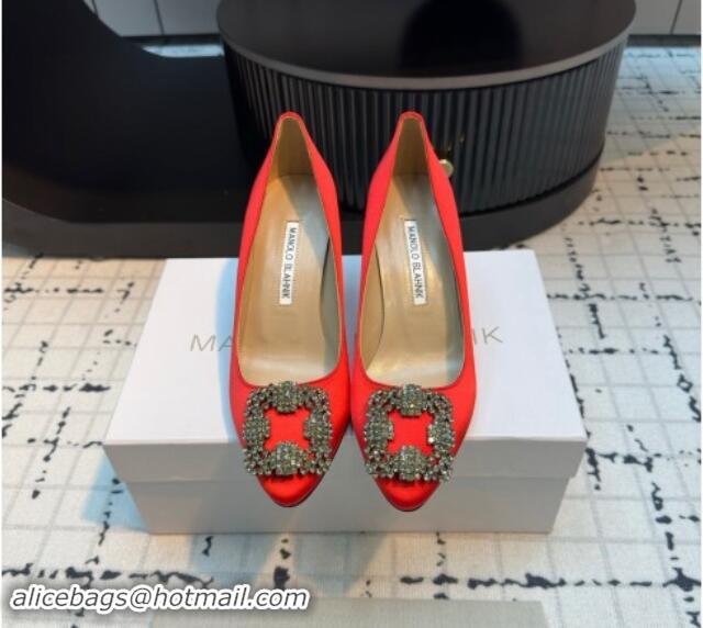 Unique Style Manolo Blahnik Hangisi Satin Pumps 7cm with Strass Buckle Red 1225011