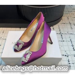 Sophisticated Manolo Blahnik Hangisi Satin Pumps 7cm with Strass Buckle Dark Purple 1225012